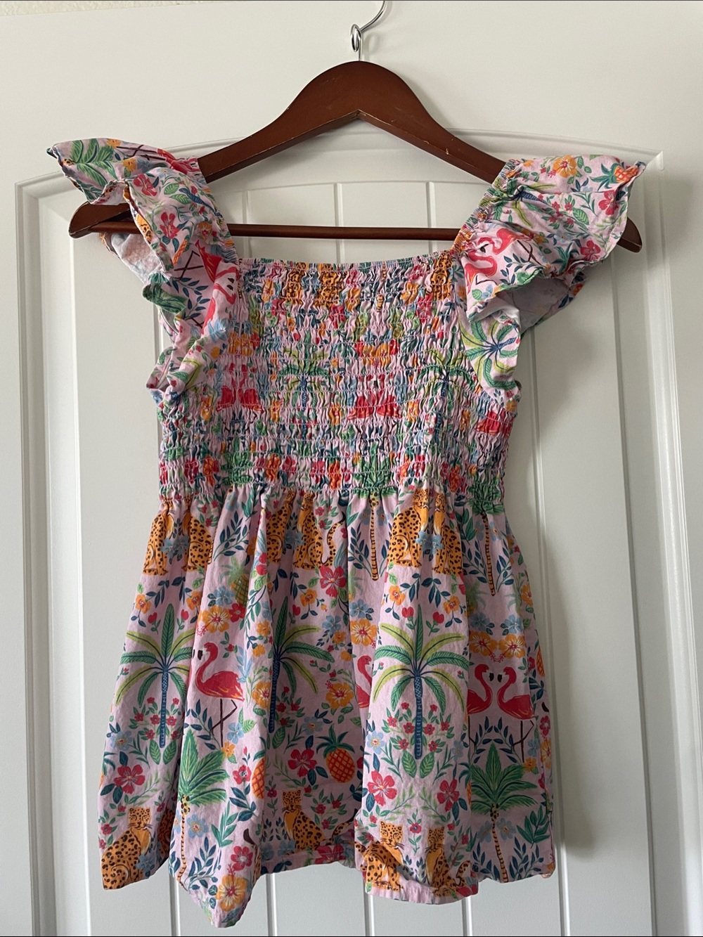 Andy & Evan Pink Tropical Print Blouse with Ruffle Sleeves